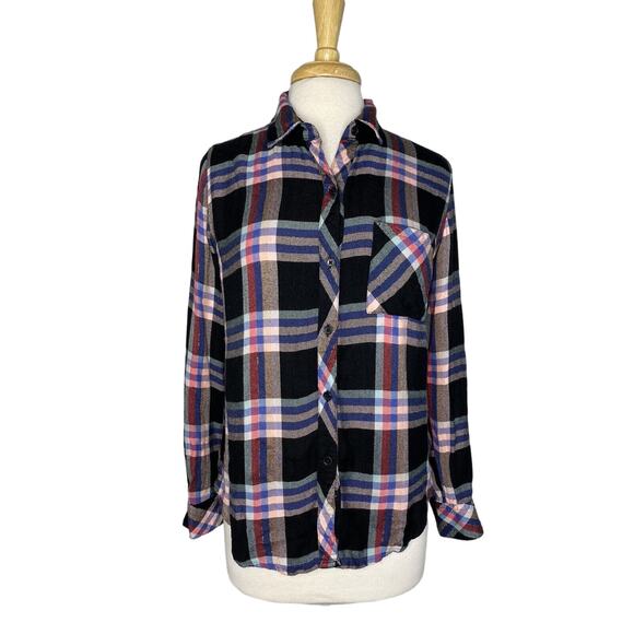 RAILS Metallic Plaid Rayon Button Up Shirt Small Black Pink Blue Long Sleeve - Picture 1 of 11
